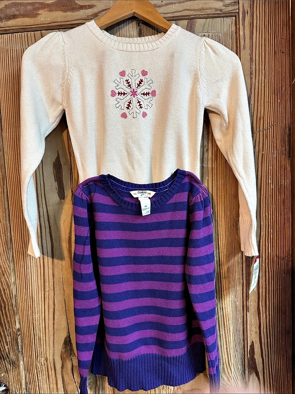 2 Oshkosh Girls sweaters Size 6X Cream Embroidered Sweater and 2 tone purple str